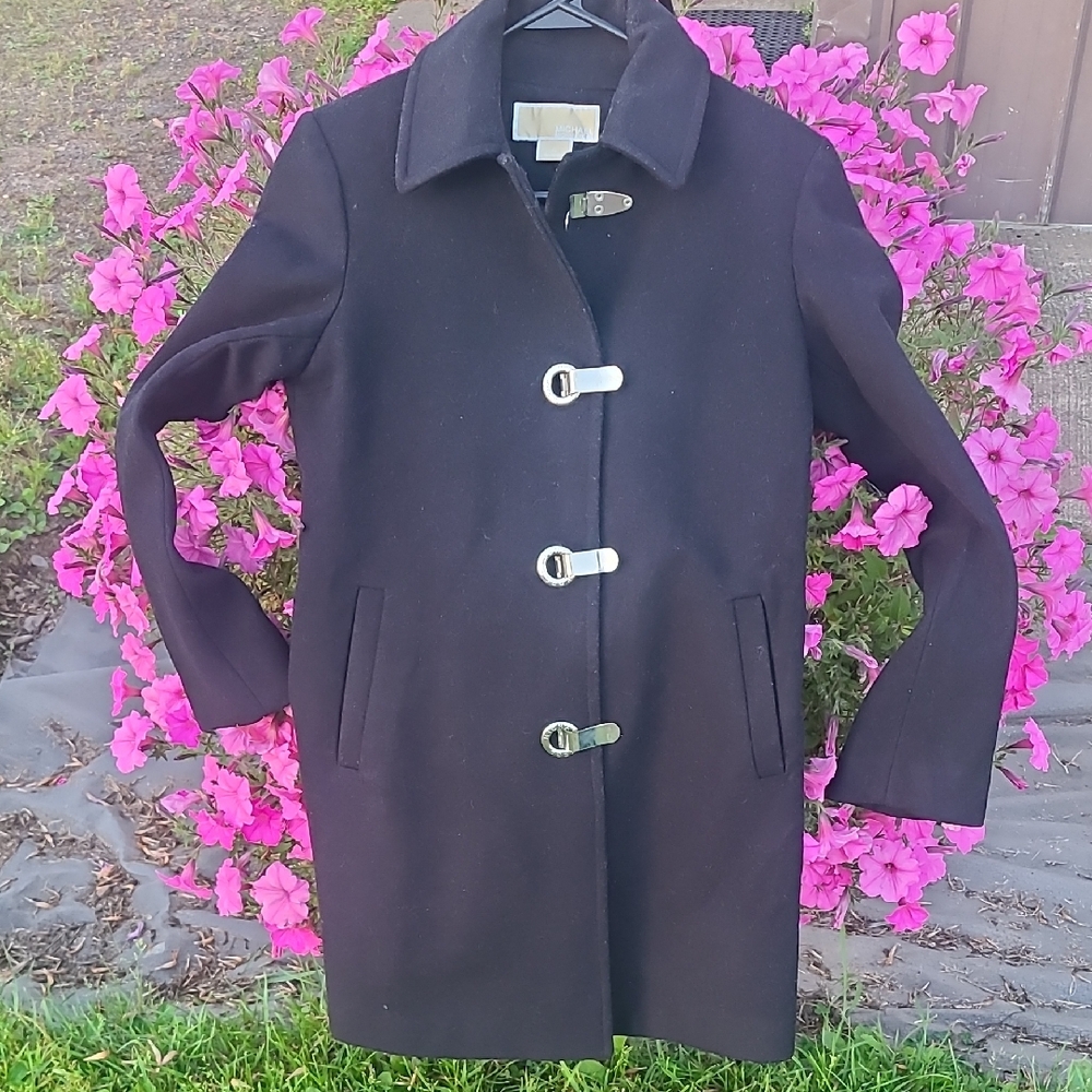 MICHAEL Michael Kors Black Pea Coat with Silver Accents
